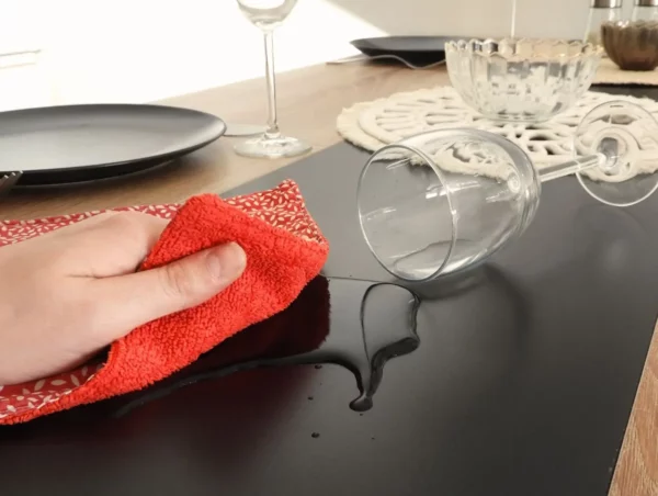 Essuie-tout lavable absorbant de l’eau renversée sur une table.