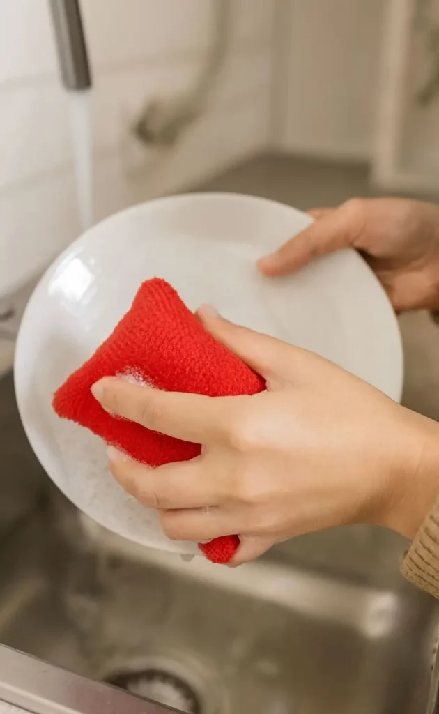 Une personne qui fait la vaisselle avec une éponge lavable rouge.