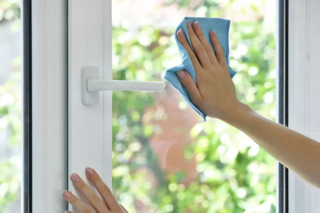 Nettoyage d’une fenêtre avec du bicarbonate de soude et une microfibre.